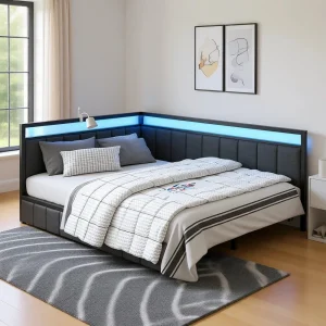 Bed with Storage, Linen Upholstered Daybed, LED