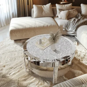 Round Mirrored Coffee Table  with Glass Tabletop