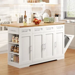 Rolling Kitchen Island  Power Outlet & Trash Can