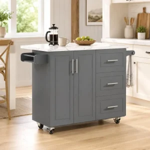 Kitchen Island  Drop Leaf Marble Texture Tabletop,